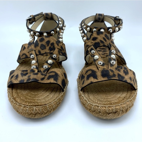 Jimmy Choo 7 Denise Pearl Embellished Leopard Print Leather Espadrille Sandals - Picture 7 of 11